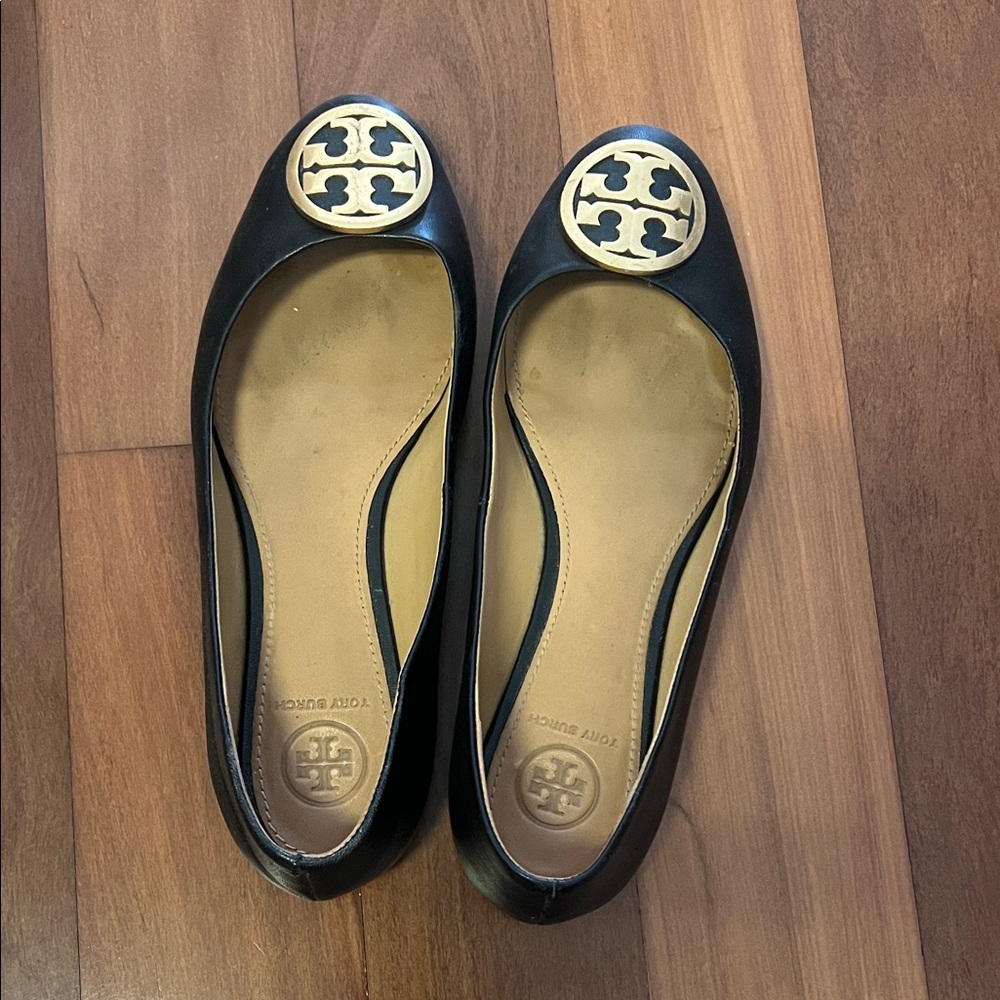 Tory Burch Black Flats with Gold Logo